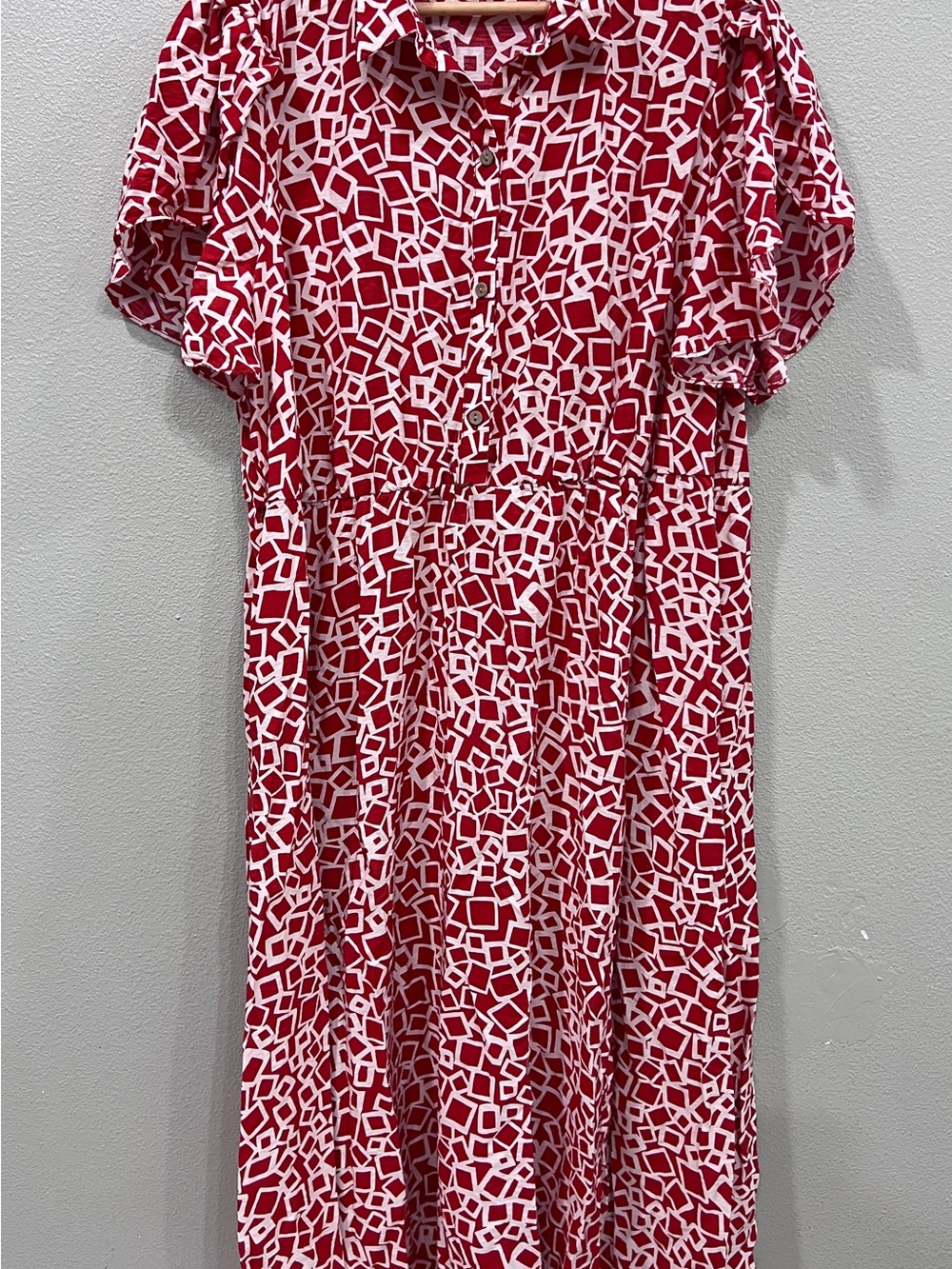 Kate and Lily Dress 3X Red White Geometric Print Button Front Midi Puff Sleeve
